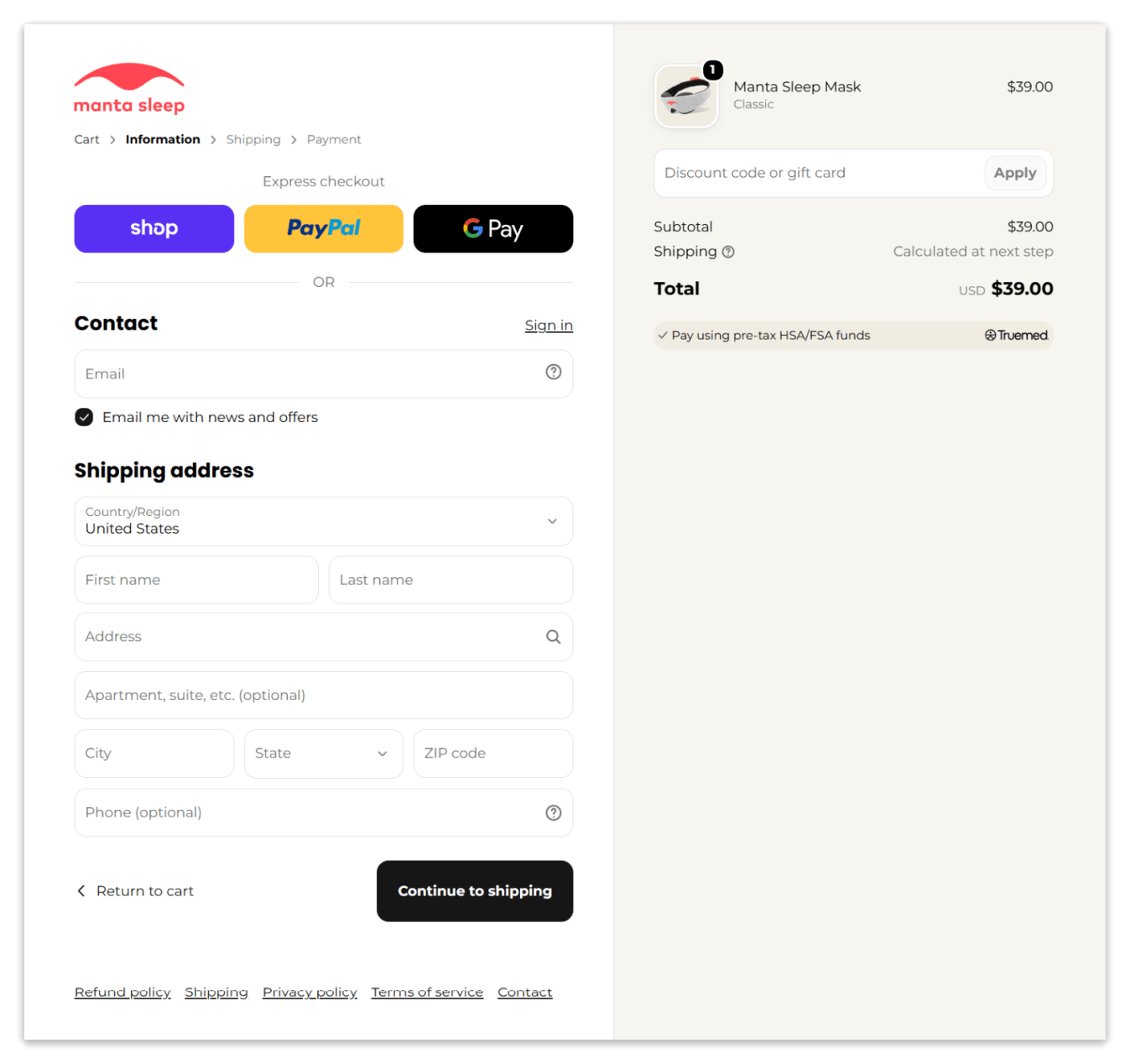Manta sleep Secure Checkout Page